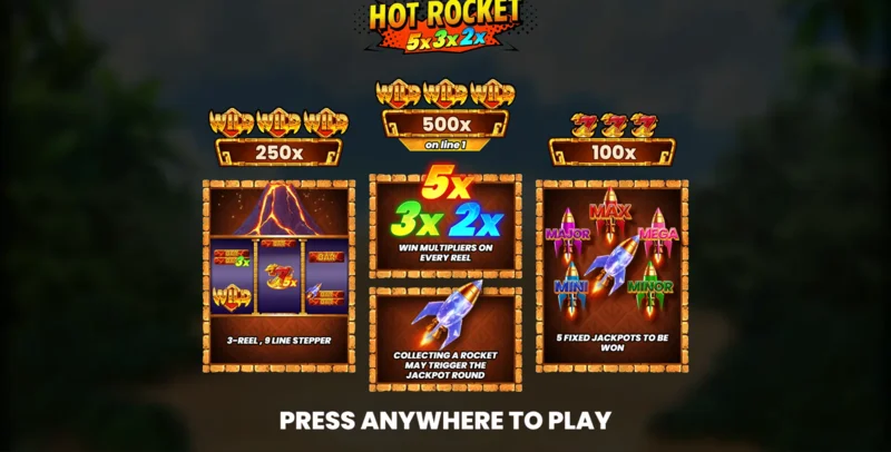 Hot Rocket 5x 3x 2x - meniul principal cu role și butonul de pornire